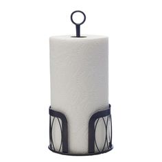 a black and white toilet paper holder with two rings on the top, holding a roll of toilet paper