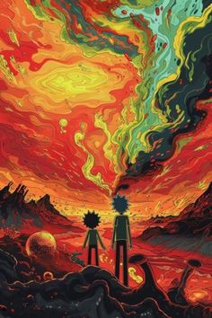 two people standing in front of an orange and red sky with swirls on it