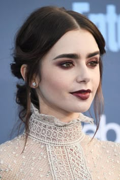 Subtle Babylights, Dark Mahogany Hair, Burgundy Eyeshadow Looks, Lily Collins Makeup, Celebrity Wedding Makeup, Lily Collins Hair, Burgundy Eyeshadow, Reddish Hair, With And Without Makeup