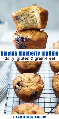 banana blueberry muffins are cooling on a wire rack with text overlay that reads, banana blueberry muffins dairy, gluten & grain - free