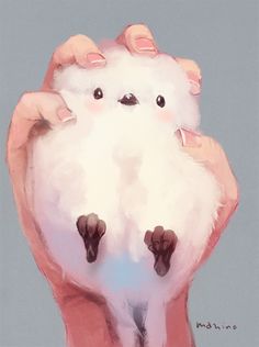 a painting of a person holding a white animal in their hands with one paw on top of the other