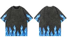 Blue Flames T-Shirt | Y2K Fire Tees | Oversized Unisex Clothing | H0NEYBEAR – h0neybear Cheap Fan Apparel T-shirt With Screen Print, Affordable Blue Fan Apparel Shirt, Fire T Shirt Design, Cool Black Cotton T-shirt, Trendy Cotton T-shirt For Streetwear, Trendy Tops With Front And Back Print, Trendy Blue Cotton T-shirt, Casual Summer T-shirt With Front And Back Print, Summer Casual T-shirt With Front And Back Print