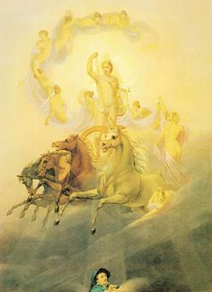 an image of the birth of jesus on horseback with angels in the sky above it