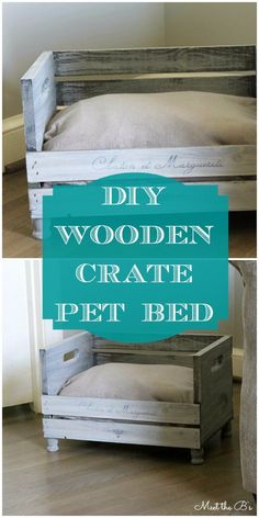 diy wooden crate bed made out of pallets with text overlay that reads diy wooden crate pet bed