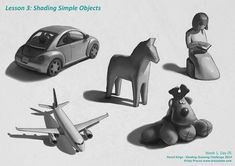 four different types of toy animals and cars on a white background with text that reads lesson 3 shading simple objects