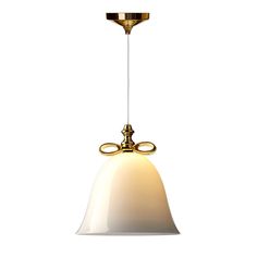 a white and gold colored light hanging from a ceiling fixture with a golden metal handle