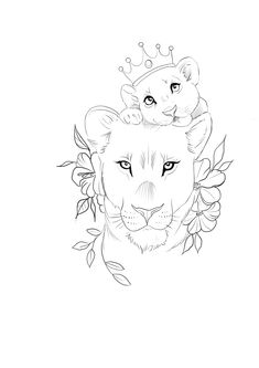 a black and white drawing of a lion with a crown on its head