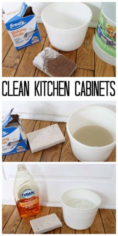 the steps to clean kitchen cabinets are shown