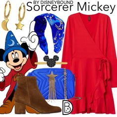 a woman in red dress and brown boots with mickey mouse on her lap, holding a blue purse