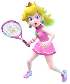 a cartoon girl in a pink dress holding a tennis racquet