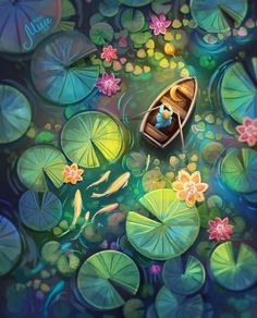 a boat floating on top of a lake filled with water lilies and lily pads