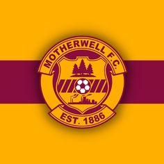 the logo for motherwell fc on a yellow and red striped background with trees in the center