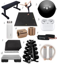 the contents of a gym bag including an exercise mat, dumbbells, water bottle and other items