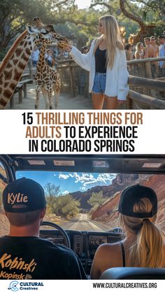 An engaging collage for 15 Thrilling Things for Adults to Experience in Colorado Springs, featuring a woman feeding a giraffe at a zoo and a scenic off-road adventure viewed from inside a vehicle driving through red rock canyons. Old Colorado City, Olympic Training Center, Olympic Training, Garden Of The Gods, Relaxing Places, Adventure Bucket List, Rock Formations