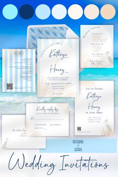 This editable wedding invitation suite captures the romance and ease of coastal luxury in every detail, with colors of soft blue and warm beige, and perfectly sets the tone for your day. Each piece has been thoughtfully designed to provide a cohesive, enchanting, and breezy look from the stunning retro styled blue Envelope Liner offering a delightful surprise upon opening, to the Belly Band wrapping everything together in an elegant bundle. 
This beautiful wedding stationery is editable in Canva and can be easily customized with your event details and sent out to your guests. Artwork can be added/resized/deleted; text color, font, & text size can be changed; background color can be changed.