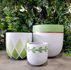 three planters sitting next to each other on top of a cement floor with green plants in the background