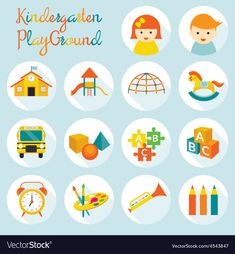 children's playgrounds with various toys and objects in flat style on blue background