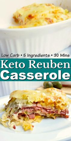 the keto reuben casserole is cut in half and served on a white plate