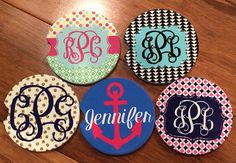 four personalized magnets with an anchor, monogrammed and polka dot design