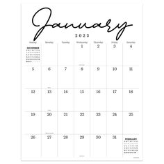 a calendar with the word january written in cursive writing on it and an image of