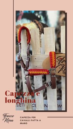 a horse bridle with red and yellow trimmings on the front cover