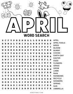 the word search for spring is shown in black and white