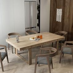 a dining table with chairs around it