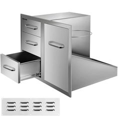 a stainless steel cabinet with drawers and dividers for the door to be opened or closed