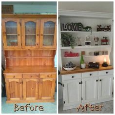 before and after pictures of an old hutch turned into a dining room china cabinet