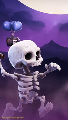 a skeleton is flying with balloons in the sky