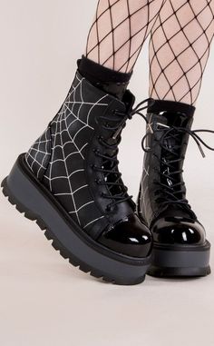 SLACKER-88 Black Vegan Spiderweb Ankle Boots-Demonia-Tragic Beautiful Spiderweb Embroidery, Emo Shoes, Alt Shoes, Goth Platforms, Demonia Boots, Goth Shoes, Goth Outfit, Goth Boots, Demonia Shoes