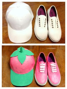 three different views of hats and shoes on the floor, one with a strawberry hat