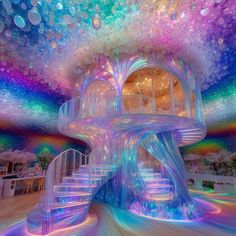 the inside of a house with colorful lights and bubbles on the ceiling, as well as stairs leading up to it