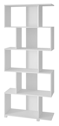 a white book shelf with four shelves on each side