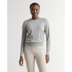 A classic crewneck sweater – just even softer. Lightweight and breathable, our cotton-viscose everyday sweater is blended with a touch of cashmere for that extra bit of cozy anytime you need a light layer. Wear, wash, repeat. | Quince | Women's Lightweight Cotton Cashmere Crewneck Sweater in Heather Grey, Size L Cashmere Tops With Ribbed Cuffs For Loungewear, Fitted Sweater With Ribbed Cuffs For Everyday, Stretch Cashmere Tops With Ribbed Cuffs, Cashmere Tops With Ribbed Cuffs For Workwear, Solid Cashmere Tops With Ribbed Cuffs, Fine Knit Cotton Sweater For Loungewear, Spring Cashmere Tops With Ribbed Cuffs, Classic Cotton Soft Knit Tops, Classic Soft Knit Cotton Tops