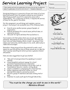 Need to organize a service learning project? Do you want your students to get involved in their community? This packet will give you everything you need!This 4-page guide will give your students the complete step-by-step walkthrough of their project. The first page contains a short article with a project introduction, a list of project ideas, and the rationale behind service learning and community involvement as a whole. The second page contains a brainstorm activity, which teaches students abou High School Community Service Projects, Service Learning Projects, Short Article, Community Activities, Community Involvement, Free Lesson Plans, Service Learning