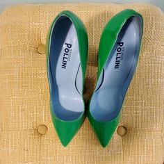 Green Patent Studio Pollini Pumps Featuring A Black And White Geometric Block Heel 4" Heel Never Worn Nwot Green Patent Leather Heels For Formal Occasions, Green Almond Toe Heels, Green Almond Toe Court Shoes With 4-inch Heel, Green Block Heels, Shoes Green, Black Green, Shoes Women Heels, Block Heels, Shoes Heels