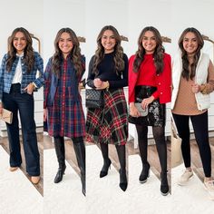 winter style / tweed coat / plaid dress / flannel dress / plaid skirt / flannel skirt / black sequin skirt / red sweater / red sweater / black heels / black platform heels / flare jeans / camel sweater / white vest / christmas outfit / holiday outfit / holiday style Black Christmas Sweater, Christmas Sweater Outfit, Camel Sweater, Flannel Skirt, White Vest, Flannel Dress