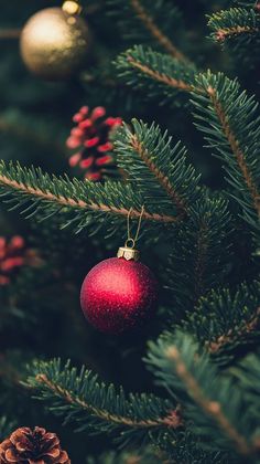 a red ornament hanging from the top of a christmas tree with pine cones