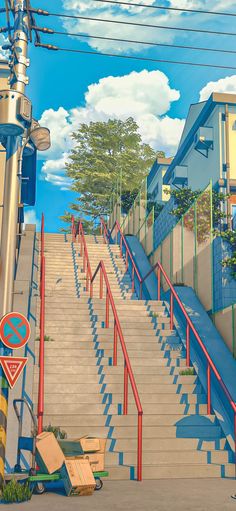 the stairs are painted red, blue and yellow