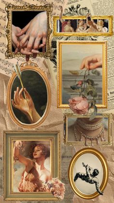 a collage of pictures with hands and other things on the wall, including an ornate frame