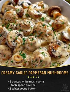 creamy garlic parmesan mushrooms in a white sauce