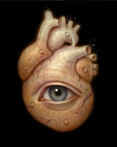 an eye is shown in the shape of a human heart with water drops on it