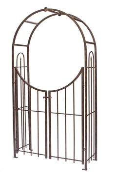 an iron gate with a circular mirror on it's top and bottom section, against a white background