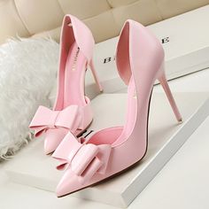 Cute Summer Heels For Formal Occasions, Pink Cute Heels For Formal Occasions, Lucky Vicky, Hak Tinggi, High Heels Classy, Bow High Heels, Pink Stilettos, Bridal Wedding Shoes, Grey Heels