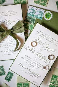 wedding stationery with rings and postage