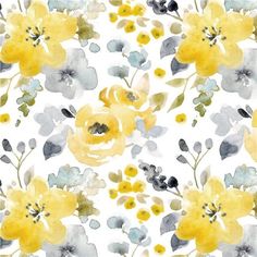 yellow and gray flowers on white background with watercolng effect in shades of blue