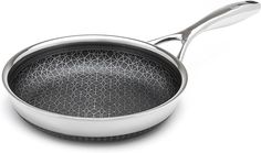 a stainless steel frying pan with a handle on a white background, viewed from the side