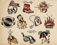 an old school tattoo flash sheet with various tattoos