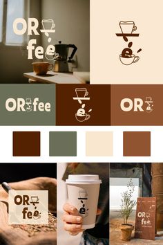 the coffee cup is being held up in front of several different color swatches and logos